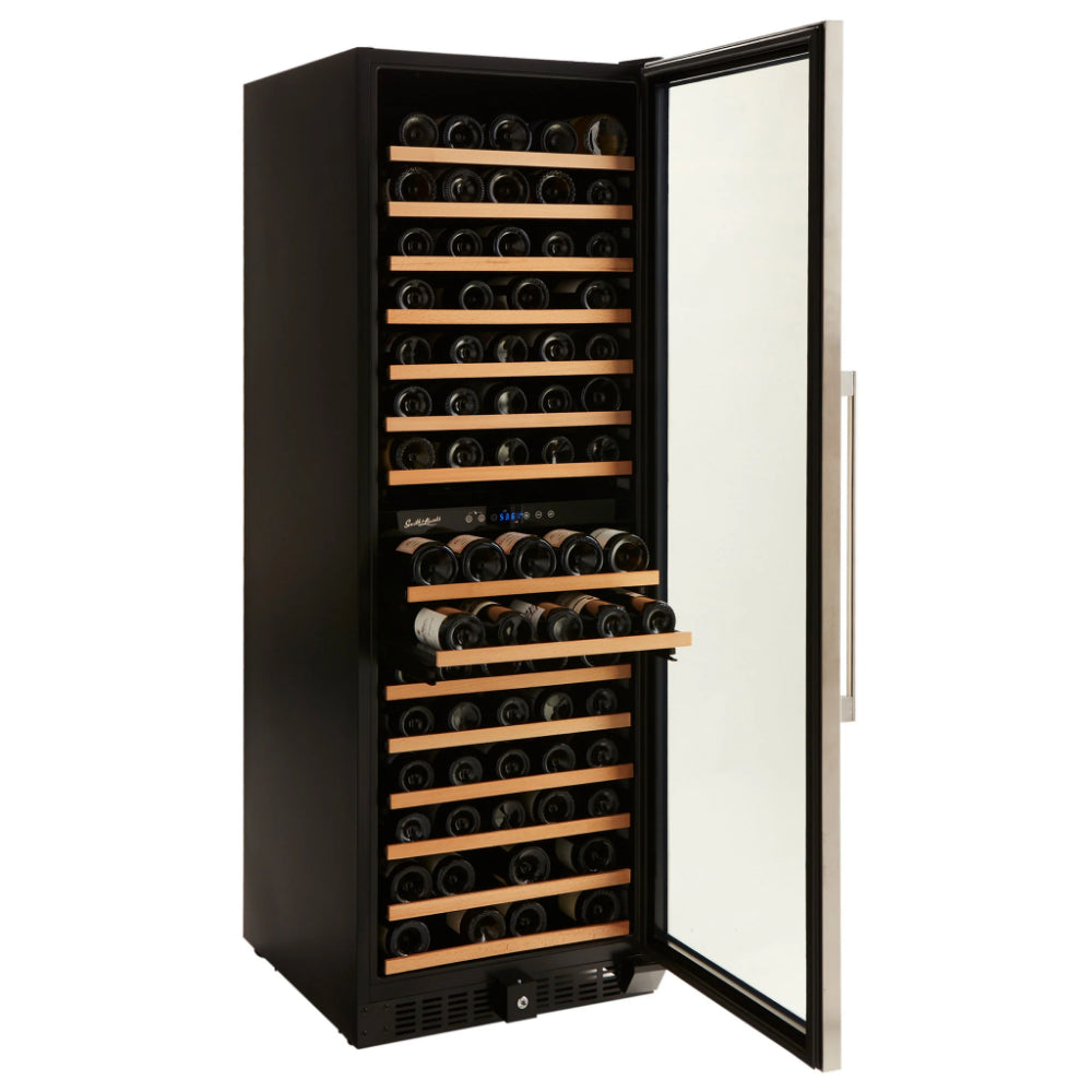 Smith-and-Hanks-166-bottle-wine-refrigerator-dual-zone-RW428DRE-premium-seamless-stainless-steel-angle-open_1280x_faf9243d-d225-4461-b635-2f018557999a